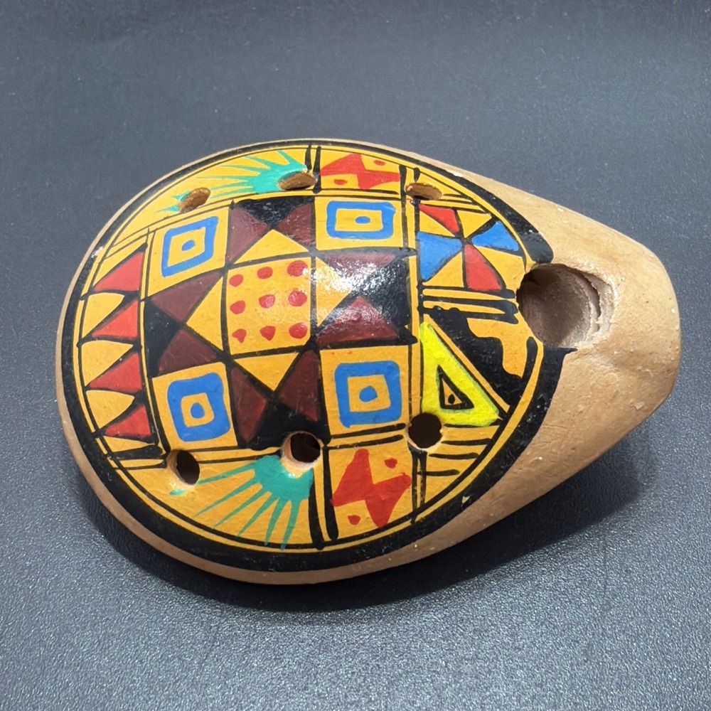 Ocarina Pottery Whistle Clay Flute Hand Painted Peru Folk Art Musical Small Gift